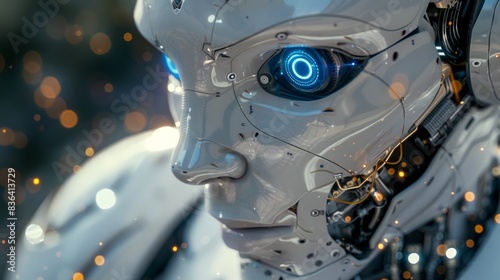 A humanoid robot with blue eyes and a visible neural network and circuit board, symbolizing artificial intelligence and future technology.