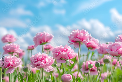  Closeup pink pion flowers in the field on a blue sky background   