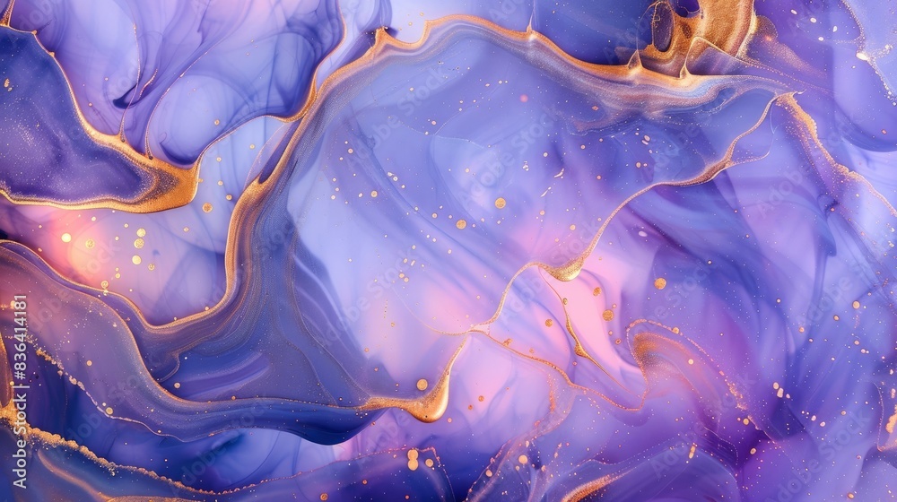 Obraz premium Periwinkle and gold paint blending, Ink Pulse, calm radiance flows from liquid channels, family album
