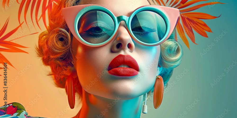Retro style pastel colors summer background. Fashion woman wearing big sunglasses.