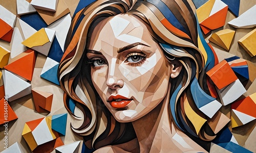 fond d'cran représentant une peinture en relief d'un visage de femme entouré de formes géométriques et prismatiques