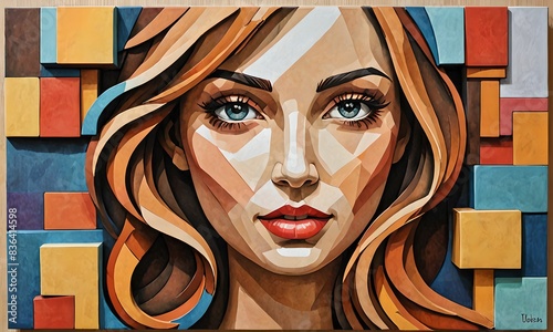 fond d'cran représentant une peinture en relief d'un visage de femme entouré de formes géométriques et prismatiques
