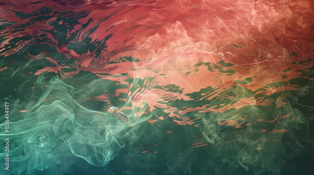 Fototapeta premium Pine and coral paint blending, Ink Legacy, peaceful light pulses within liquid tides, background photo