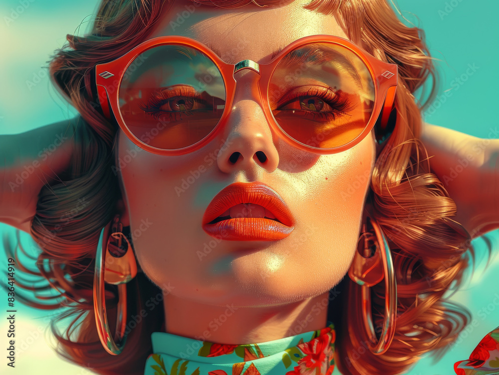 Retro style pastel colors summer background. Fashion woman wearing big sunglasses.