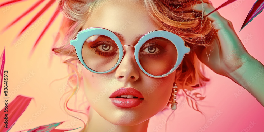 Fototapeta premium Retro style pastel colors summer background. Fashion woman wearing big sunglasses.