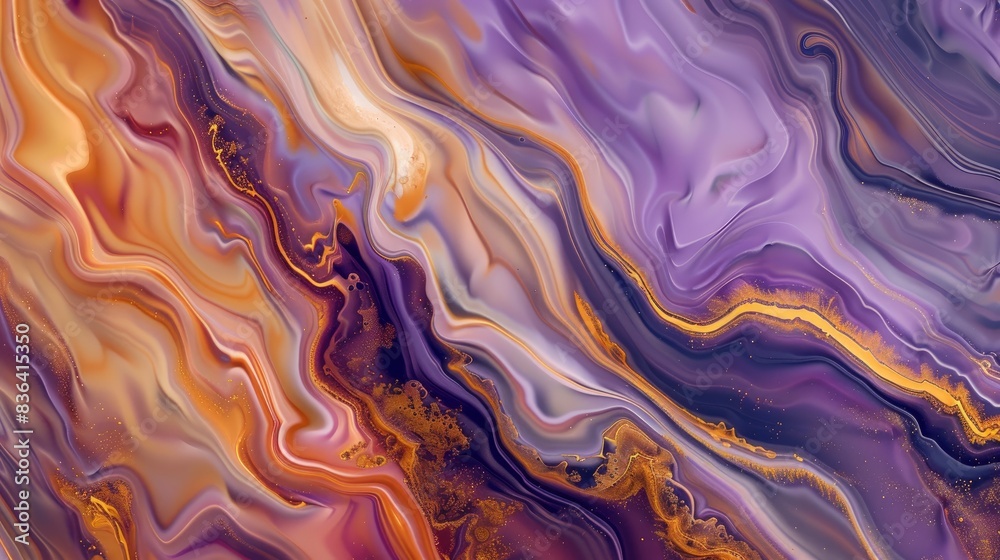 Fototapeta premium Rust and lilac paint swirling, Ink Aura, gentle illumination seeps through fluid rivers, 3D photo