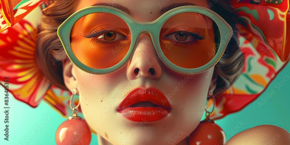 Obraz premium Retro style pastel colors summer background. Fashion woman wearing big sunglasses.