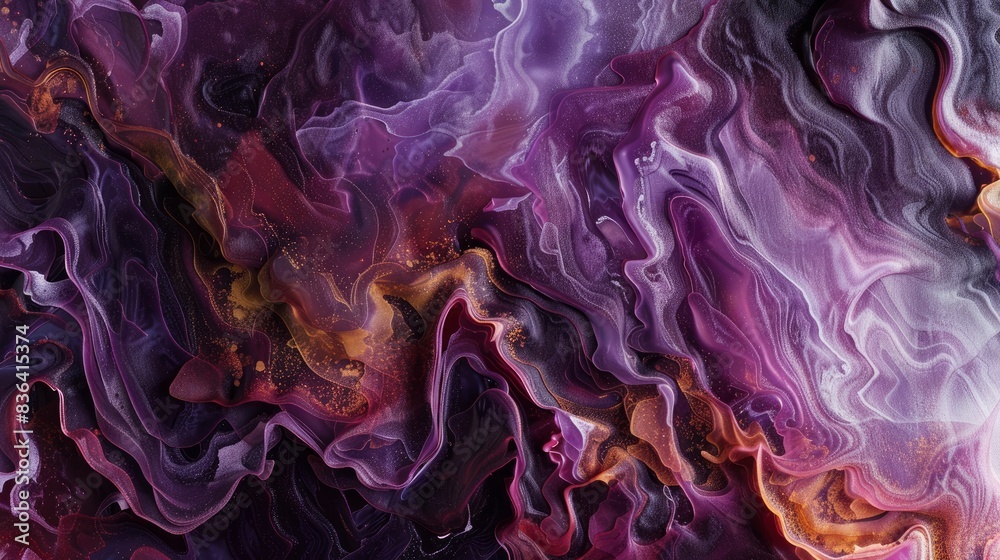 Fototapeta premium Rust and lilac paint swirling, Ink Aura, gentle illumination seeps through fluid rivers, 3D photo