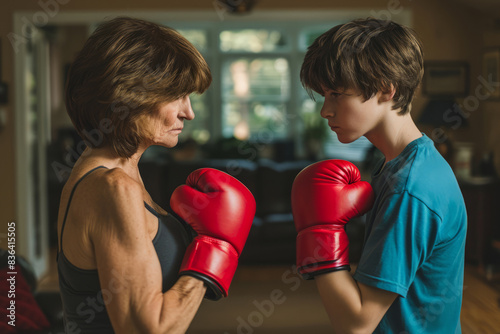 Mother and teenage son wearing boxing gloves takes a stance ready to fight. The struggle of different generations, parenthood, family problems and their solution © vejaa