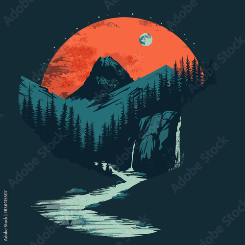 Mountain landscape with a river and the moon. Vector illustration.