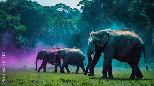 A group of elephants walking across a field of Amazon jungle, golden hour. colorful realistic AI Generated.