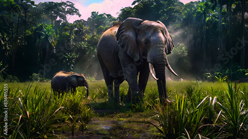 A group of elephants walking across a field of Amazon jungle, golden hour. colorful realistic AI Generated.