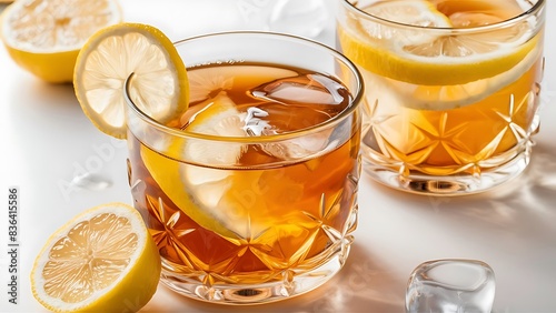 Two glasses of cold refreshment tea with ice and lemon fruit