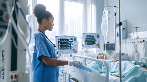 African-American female nurse attentively checking the vitals of a patient in the ICU, surrounded by medical equipment and monitors.