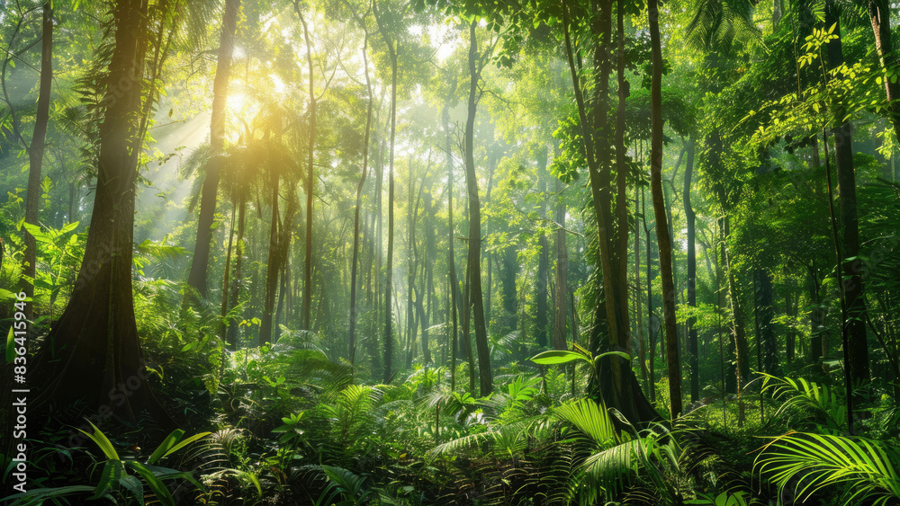 Sunlit Path Through Lush Green Forest with Dense Foliage and Stream
Sunlit Path Through Lush Green Forest with Dense Foliage and Stream