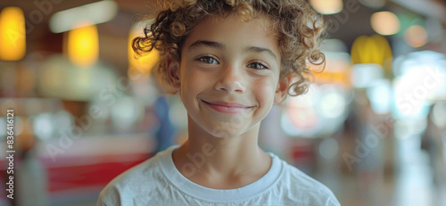 Smiling Young Girl With Curly Hair in a Public Space