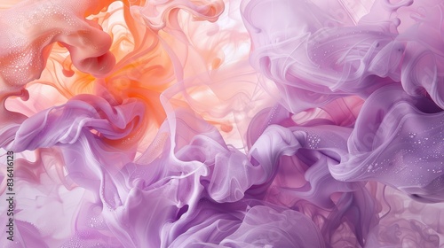 Salmon and lavender paint intertwining, Ink Spectrum, gentle radiance emanates from fluid flows, analysis photo