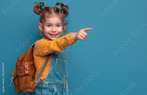 Young Girl With Braids Points to the Side While Wearing a Backpack