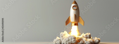 White Rocket Launching Through Clouds With Fiery Exhaust