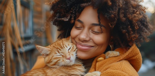Woman Cradling Orange Tabby Cat With Eyes Closed