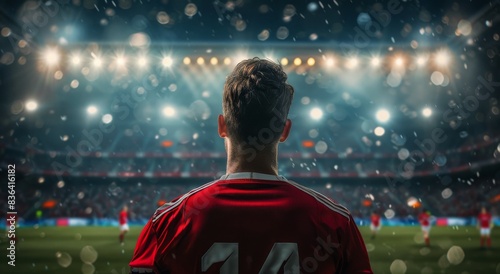 Soccer Player Stands in Empty Stadium Under Lights