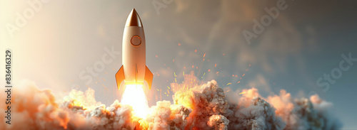 White Rocket Launching Through Clouds With Fiery Exhaust