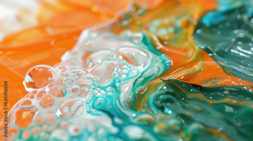  Tangerine and teal paint blending, Ink Chronicles, soft light springs from liquid pathways, close-up photo