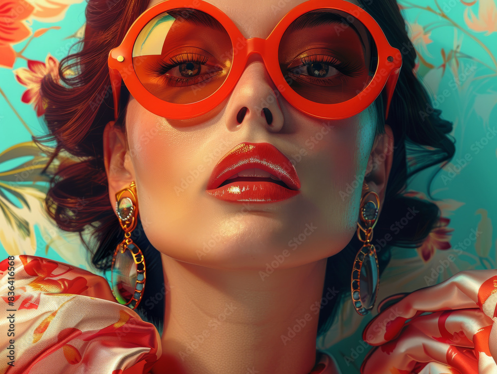 Fototapeta premium Retro style pastel colors summer background. Fashion woman wearing big sunglasses.