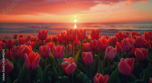 Red Tulips Blooming at Sunset by the Water