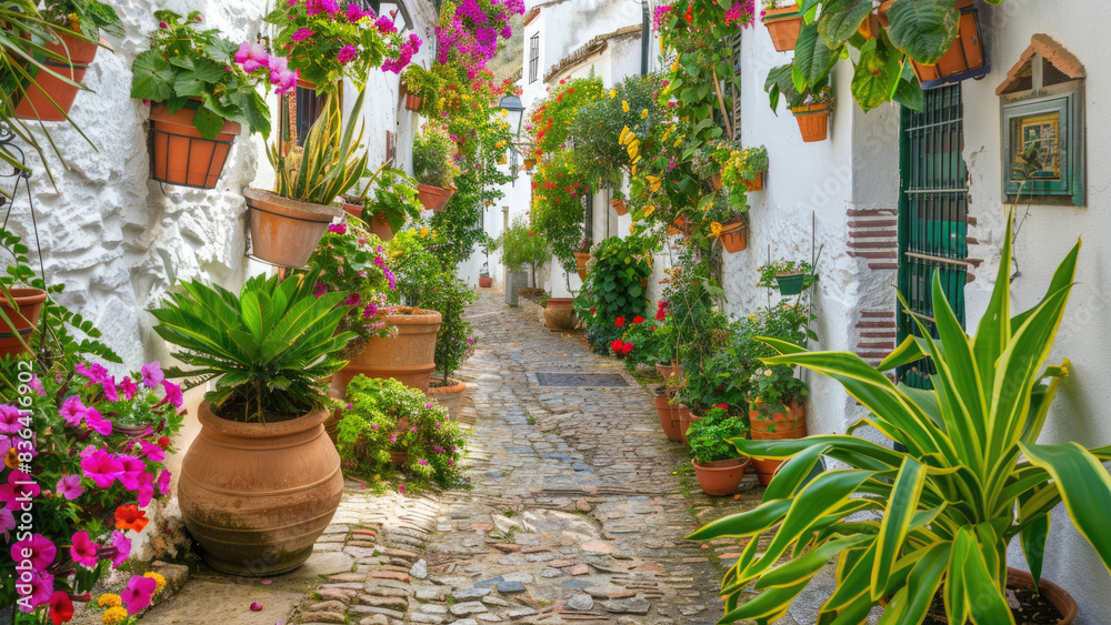 Fototapeta premium Charming Narrow Alleyway with Colorful Flower Pots and Cobblestone Path in a Mediterranean Village
