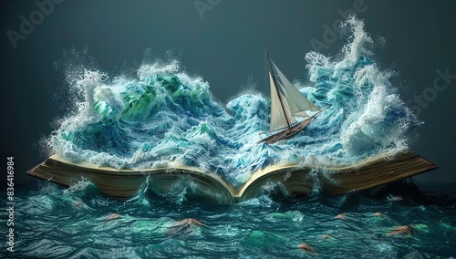 Surreal Storybook Adventure, 3D Open Book with Sailboat and Sea Creatures