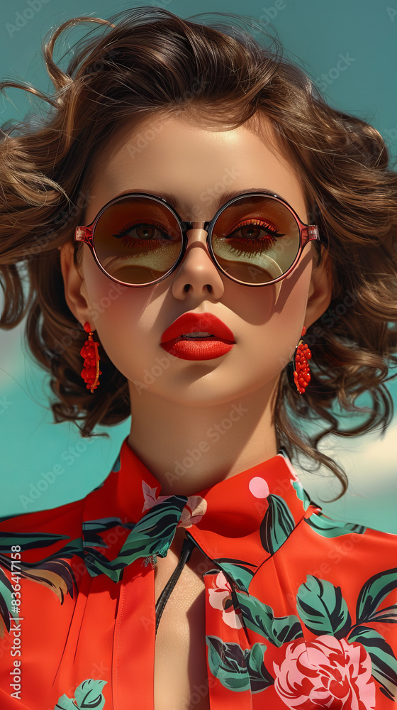 Fototapeta premium Retro style pastel colors summer background. Fashion woman wearing big sunglasses.