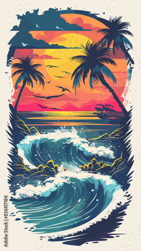Tropical beach with palm trees and waves. Vector illustration. T-shirt design