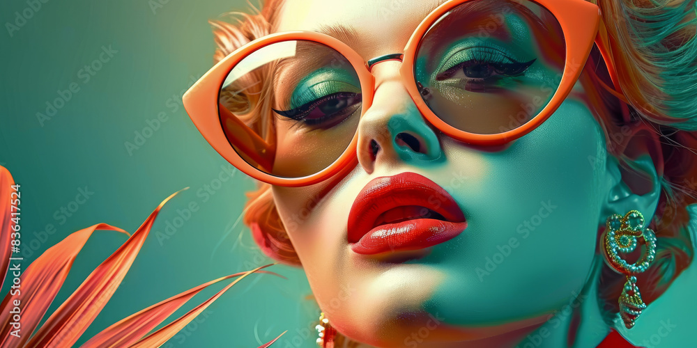 Retro style pastel colors summer background. Fashion woman wearing big sunglasses. Retro style pastel colors summer background. Fashion woman wearing big sunglasses.