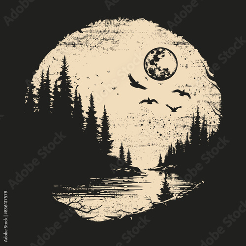 Silhouette of forest and lake on the background of the moon