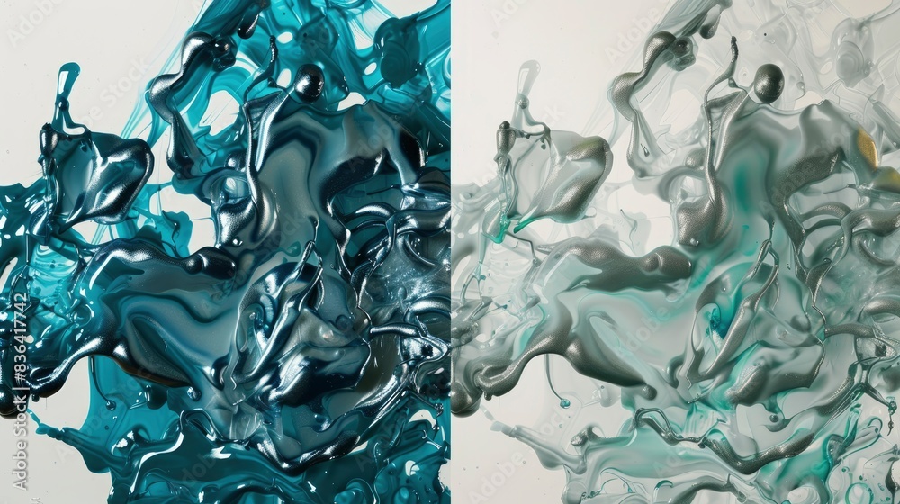 Teal and silver paint intertwining, Ink Genesis, soft shine emerges from liquid flux, comparison photo Teal and silver paint intertwining, Ink Genesis, soft shine emerges from liquid flux, comparison photo