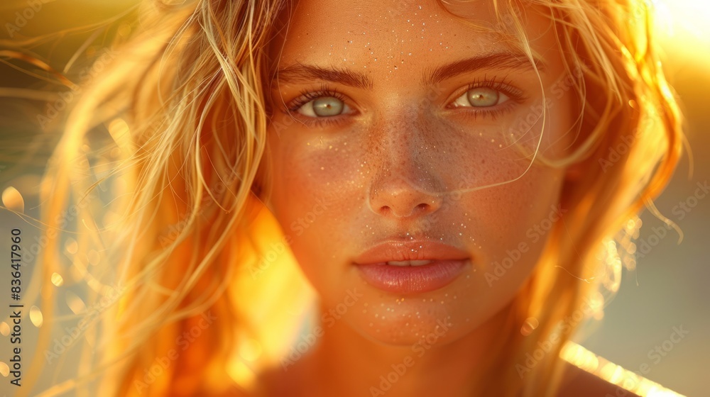 Fototapeta premium Beach girl with golden tan in summer sunlight