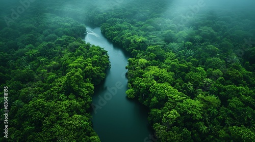 Natural ecosystem of rainforest. Aerial view of a dark green forest and river. Concept of conservation of natural forests.