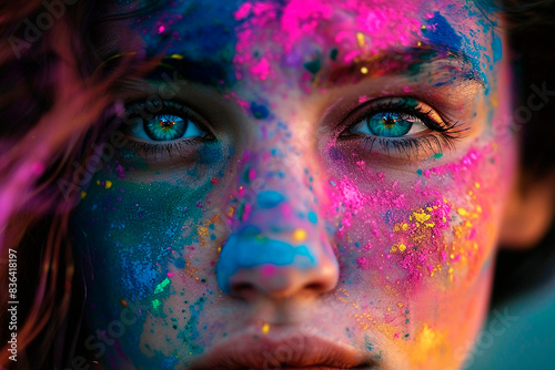 Portrait of a beautiful girl sprinkled with colored powder for Holi. The bright colors of Holi decorate the face, creating a unique look