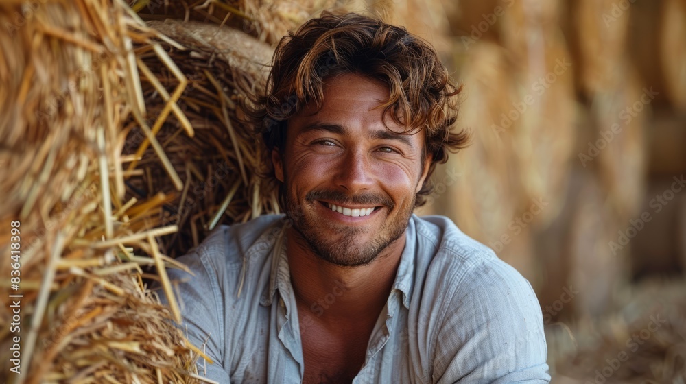 Fototapeta premium A handsome young farmer (student) sitting on haystack and smiling happily. Concepts: clean air, ecology, agriculture, hay, farmers, successful people, business.