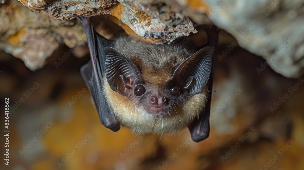 In the background is a blurry blurry background. Close up of a horseshoe bat looking and hanging upside down in a cold natural rock cave in preparation for hibernation. In the background is a blurry blurry background. Close up of a horseshoe bat looking and hanging upside down in a cold natural rock cave in preparation for hibernation.