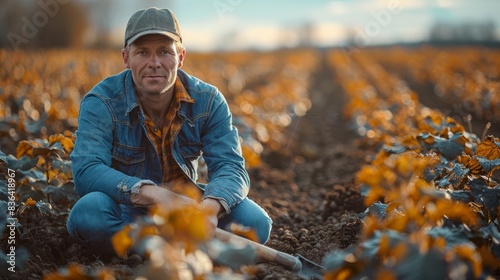 An american man with a shovel stands on a farm field in spring sun with a shovel in hand