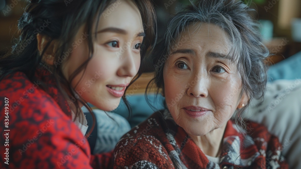 Assisted by an Asian nurse, an old lady stands up from the couch. Assisted by an Asian nurse, an old lady stands up from the couch.