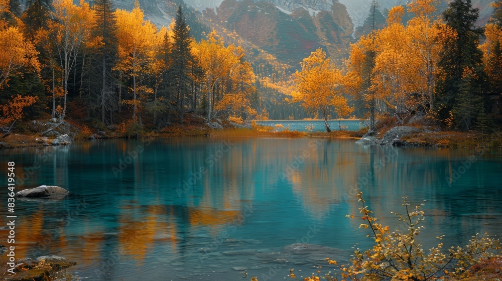 Fototapeta premium A tranquil glacial blue lake surrounds a forest of fall trees in an Alaskan landscape