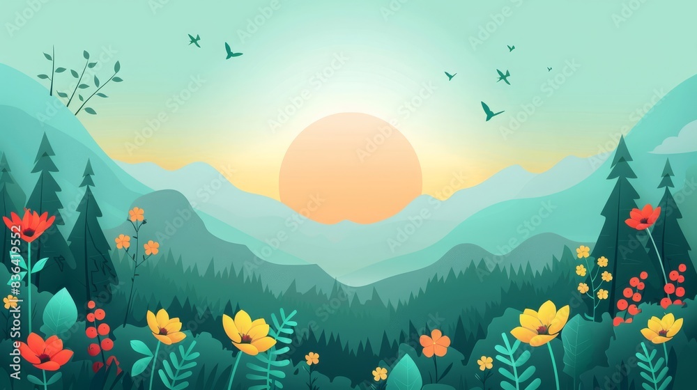 Fototapeta premium The image is a vector illustration of a beautiful landscape with mountains, hills, and a forest