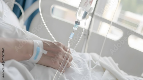 A close-up of a patient's hand with an IV drip in a hospital bed, symbolizing medical care and treatment.