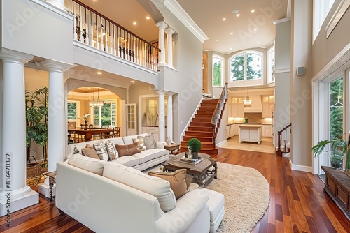 Beautiful and large living room interior with hardwood floors and vaulted ceiling in new luxury home. View of Kitchen, entryway, and second story loft style area.