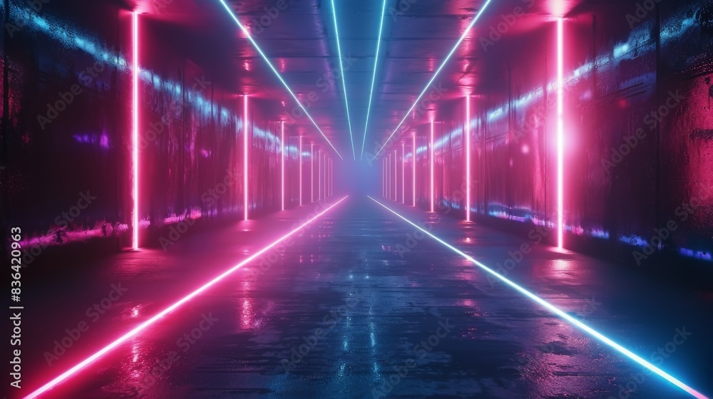 Fototapeta premium Neon Lights In A Futuristic Corridor