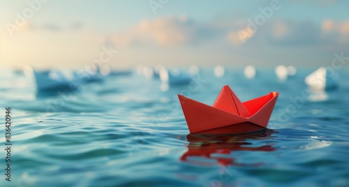 Red Paper Boat Floating on Water at Sunset