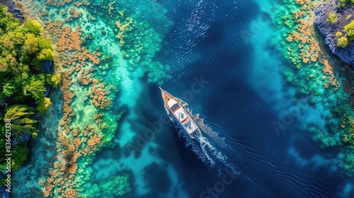 Aerial view of a yacht cruising through a colorful channel in a tropical coral island